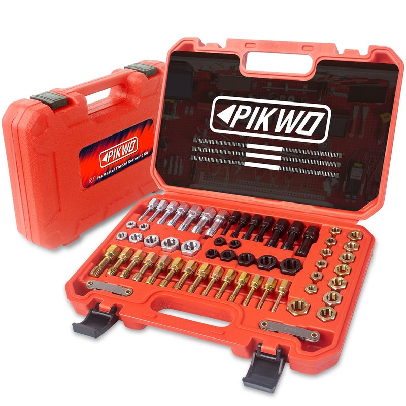 Pikwo 61Pcs Thread Restorer Kit, Rethread Repair Tool, UNC UNF & MetricThread Chaser Set with Thread Pitch Gauge - Image 1